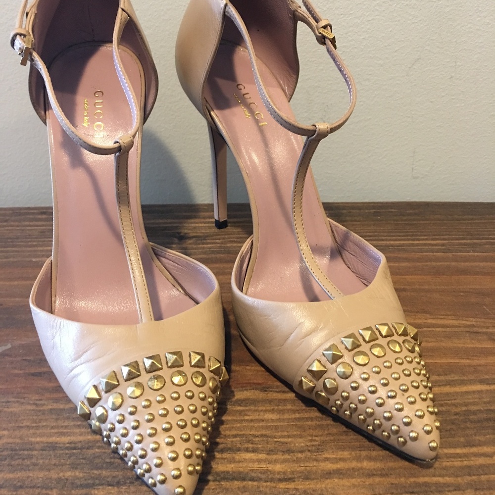 Gucci Gold Studded Nude Heels